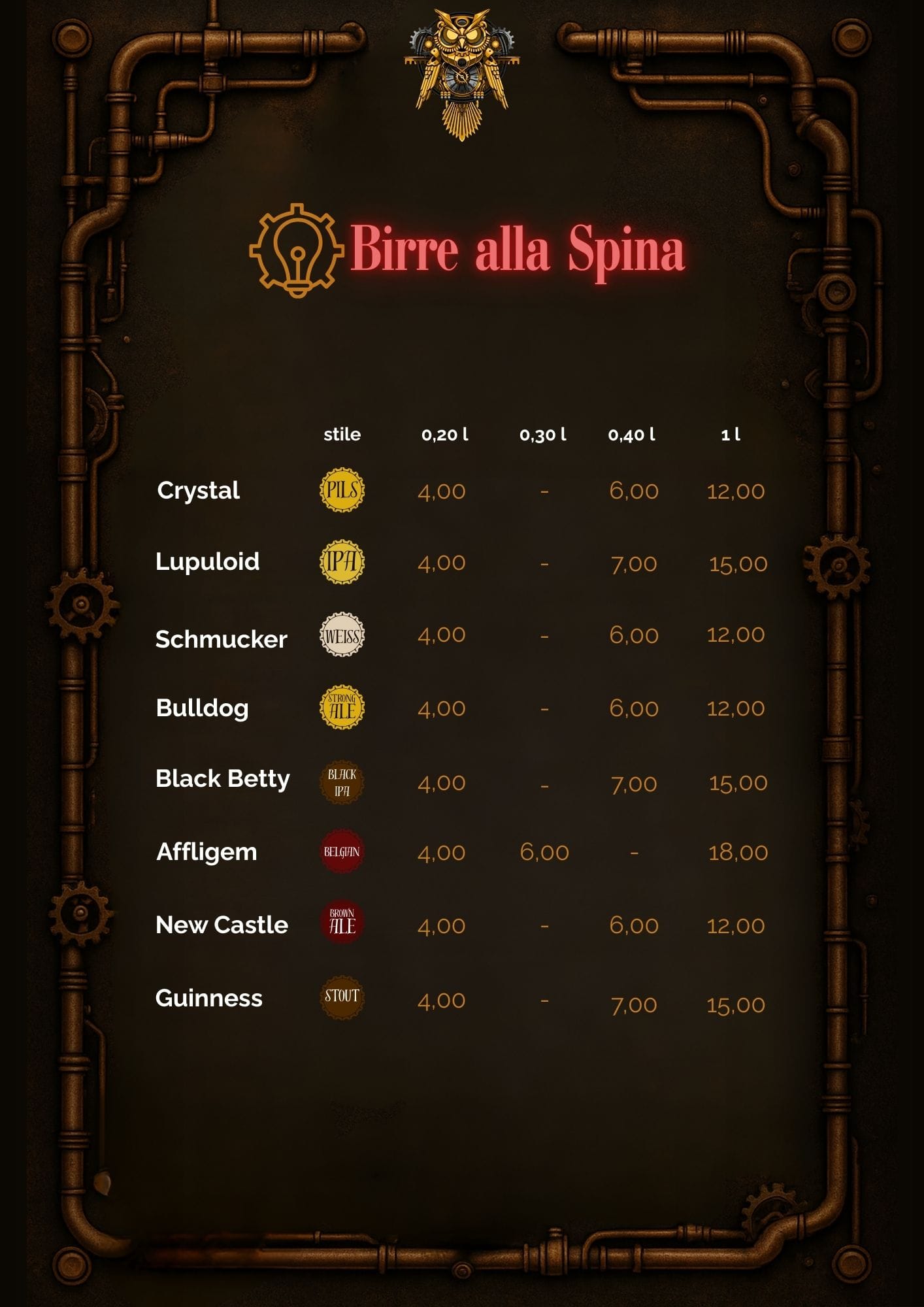 Pagina menù Birre e Vini